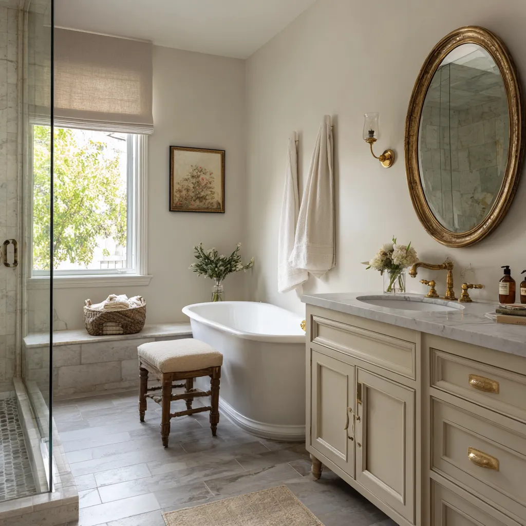 Compact modern shabby chic bathroom with cream paneled vanity, marble countertop, aged gold oval mirror Compact modern shabby chic bathroom with cream paneled vanity, marble countertop, aged gold oval mirror