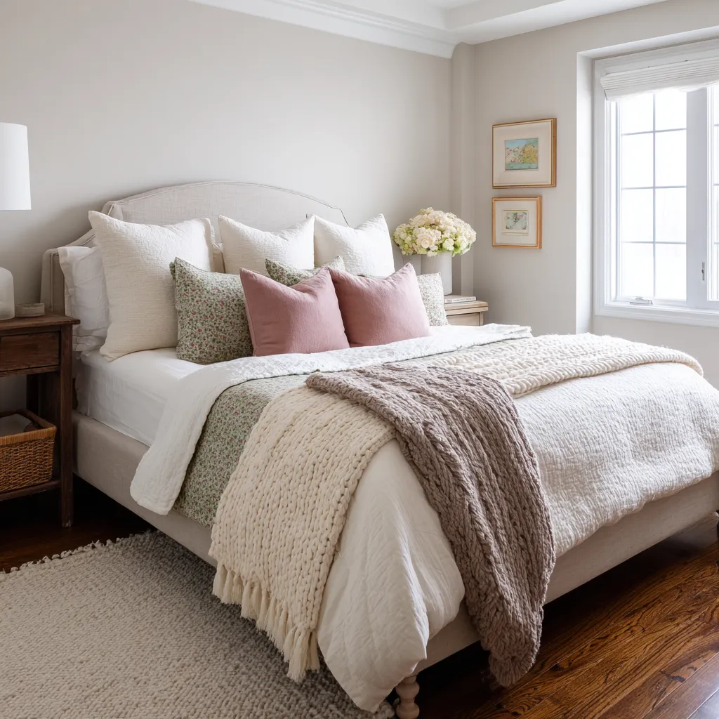 Compact modern shabby chic bedroom with a low arched upholstered headboard, layered ivory bedding, floral and dusty rose pillows Compact modern shabby chic bedroom with a low arched upholstered headboard, layered ivory bedding, floral and dusty rose pillows