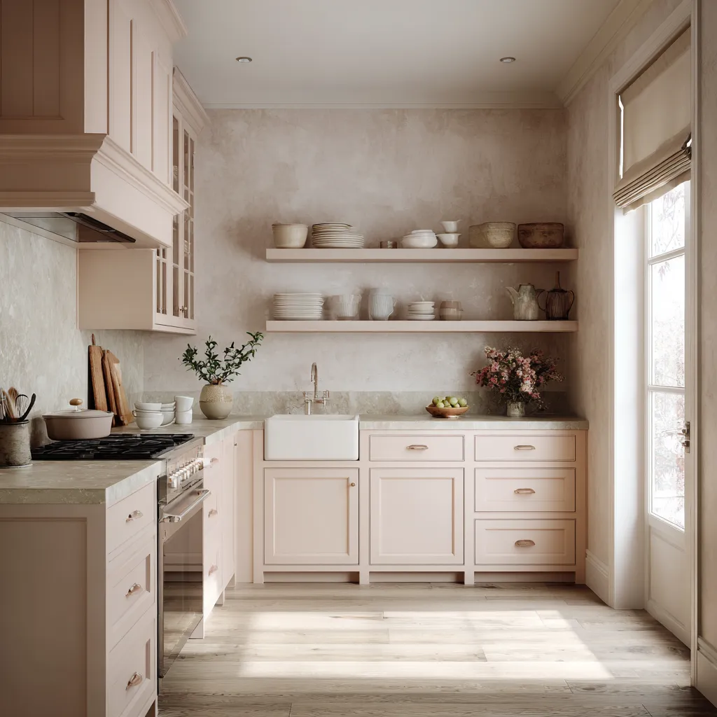 Compact pink-beige shabby chic kitchen with matte blush cabinetry, a plaster-like wall finish, long open shelves Compact pink-beige shabby chic kitchen with matte blush cabinetry, a plaster-like wall finish, long open shelves