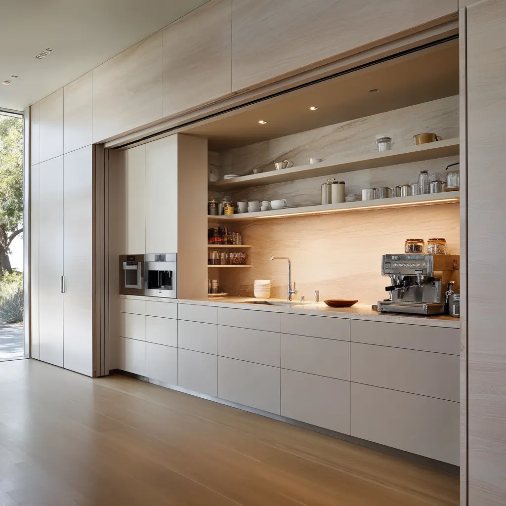 Concealed modern scullery niche with pale flush outer wall, warm lit interior shelves, long flat drawers, coffee station Concealed modern scullery niche with pale flush outer wall, warm lit interior shelves, long flat drawers, coffee station