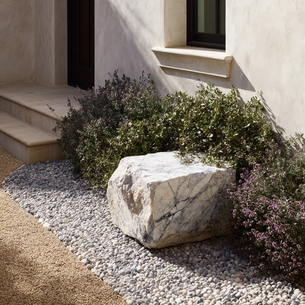 Conceptual minimal modern flower bed idea with pale gravel, large veined boulder, airy purple flowers, soft green shrubs