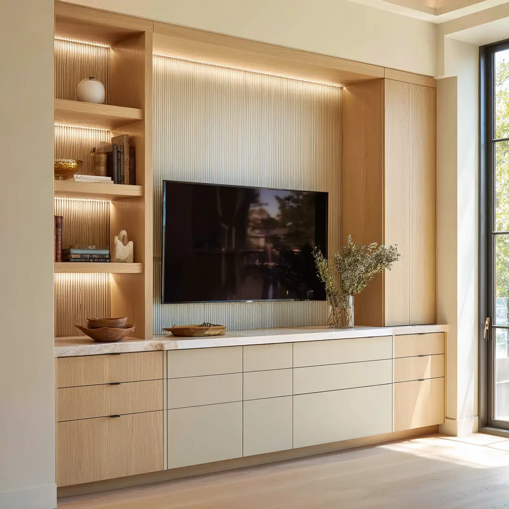 Contemporary built-in TV wall with fluted panel backdrop, illuminated open shelving, beige and wood cabinetry, and a long stone countertop with greenery Contemporary built-in TV wall with fluted panel backdrop, illuminated open shelving, beige and wood cabinetry, and a long stone countertop with greenery