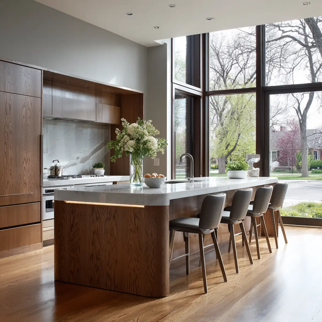 Contemporary kitchen with a long wood island, pale stone top, softly curved end, subtle underlighting, slim chairs Contemporary kitchen with a long wood island, pale stone top, softly curved end, subtle underlighting, slim chairs