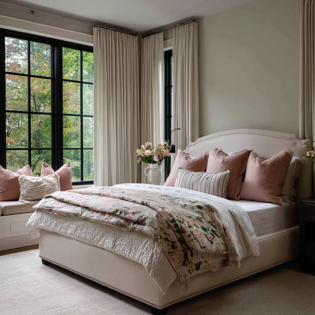 Contemporary modern shabby chic bedroom with black gridded windows, a broad upholstered headboard, blush pillows Contemporary modern shabby chic bedroom with black gridded windows, a broad upholstered headboard, blush pillows