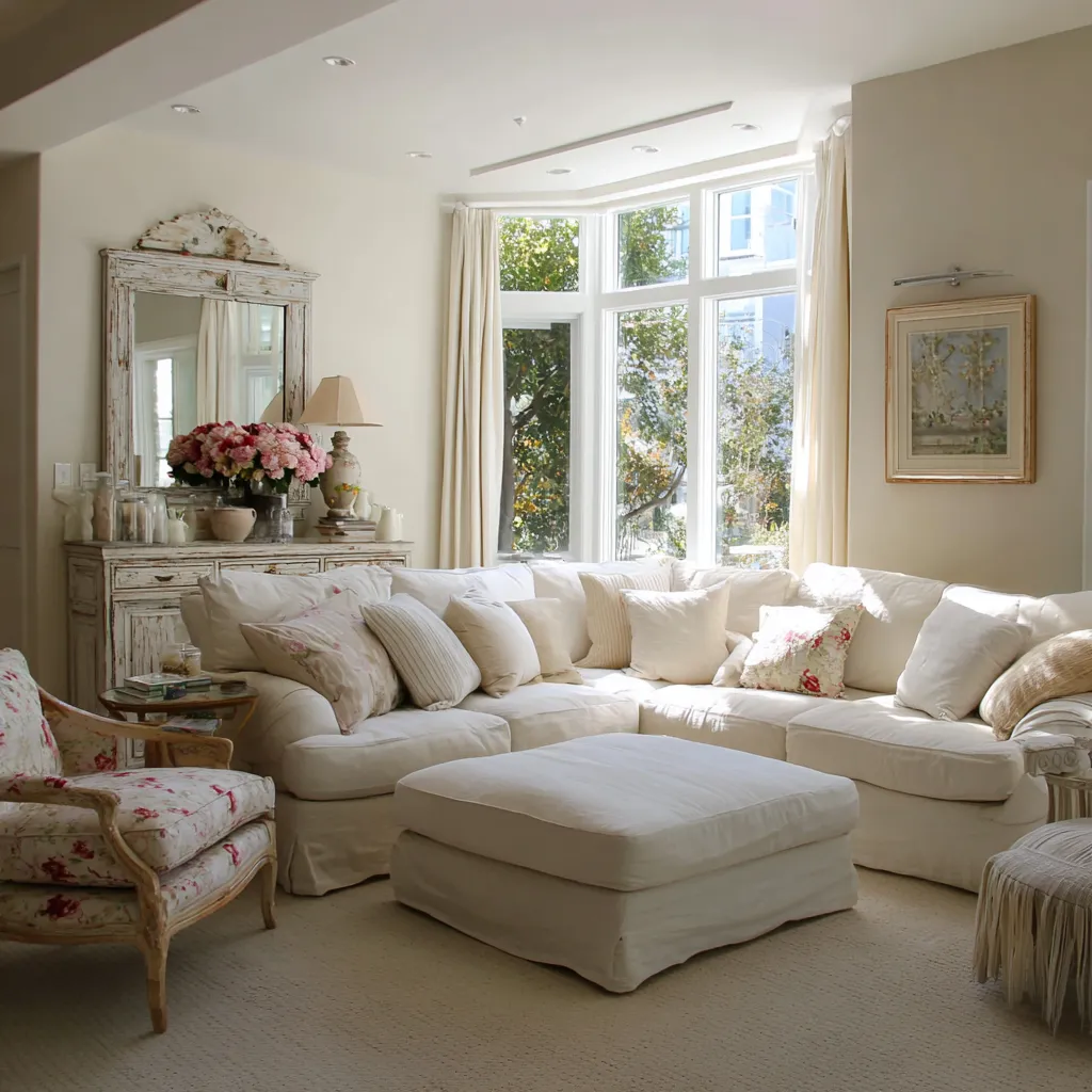Contemporary modern shabby chic living room ideas with curved sectional, matching ottoman, distressed cabinet Contemporary modern shabby chic living room ideas with curved sectional, matching ottoman, distressed cabinet