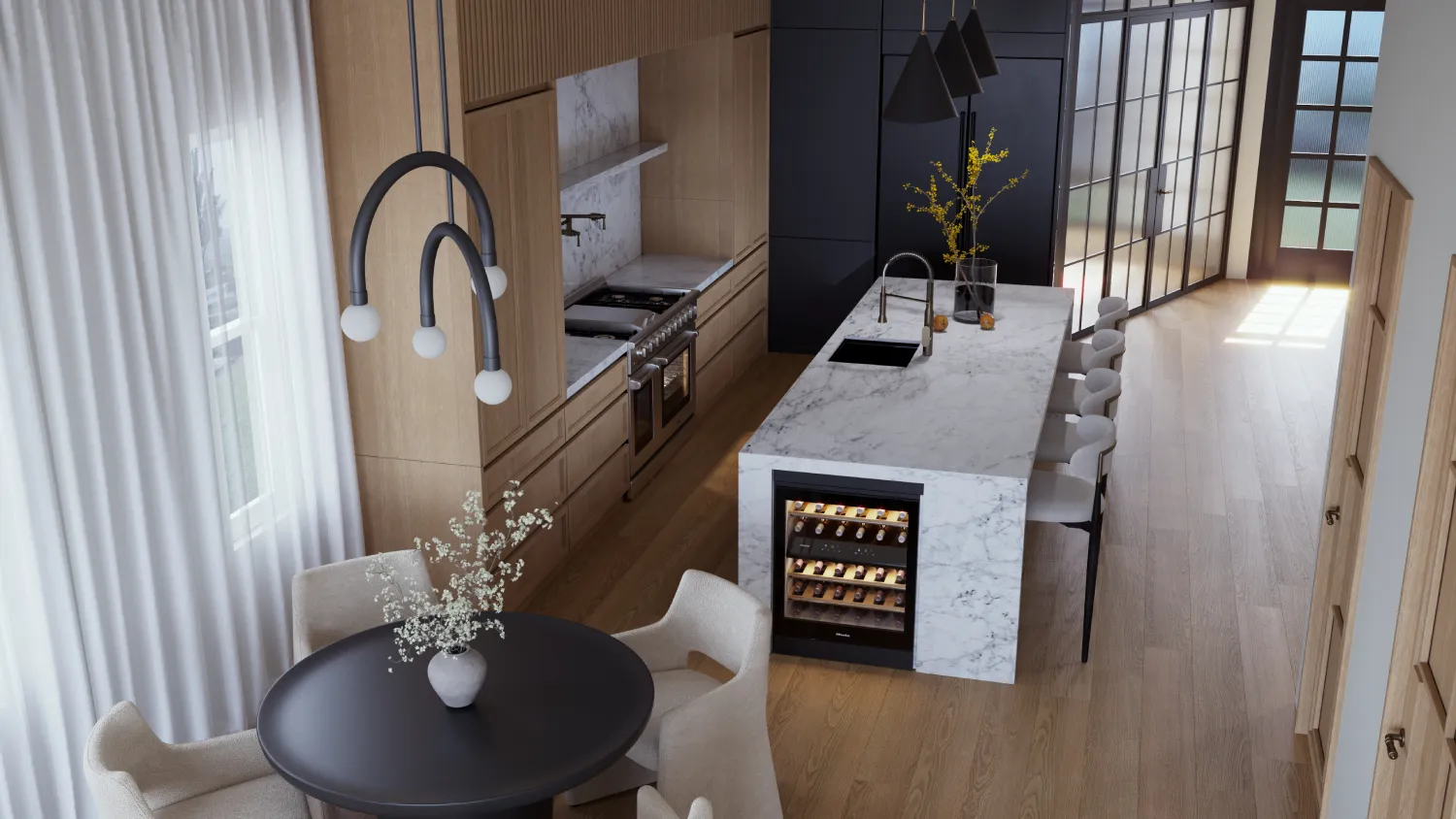 Contemporary townhouse kitchen-dining area interior design with stylish kitchen cabinets, a white marble island and a round dining table