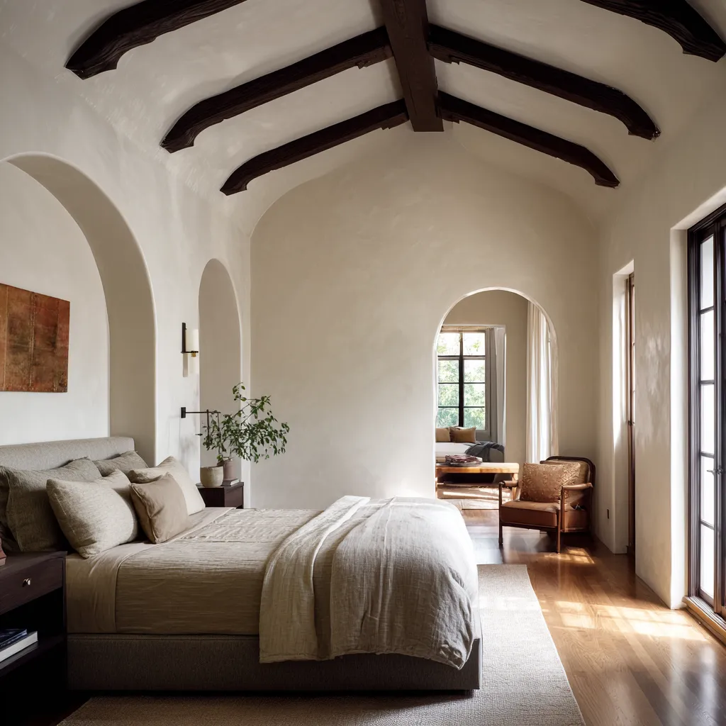 Cool long Spanish revival bedroom idea with vaulted plaster ceiling, dark carved beams, multiple arches, low bed, and a secondary sitting area at the end