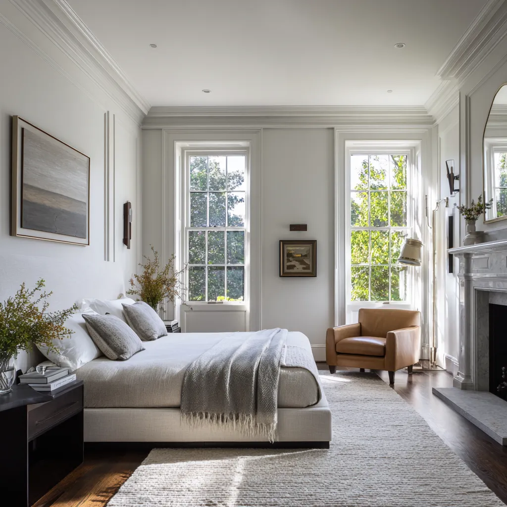 Cool neutral bedroom with broad upholstered bed, large horizontal painting, airy branches on both bedside tables