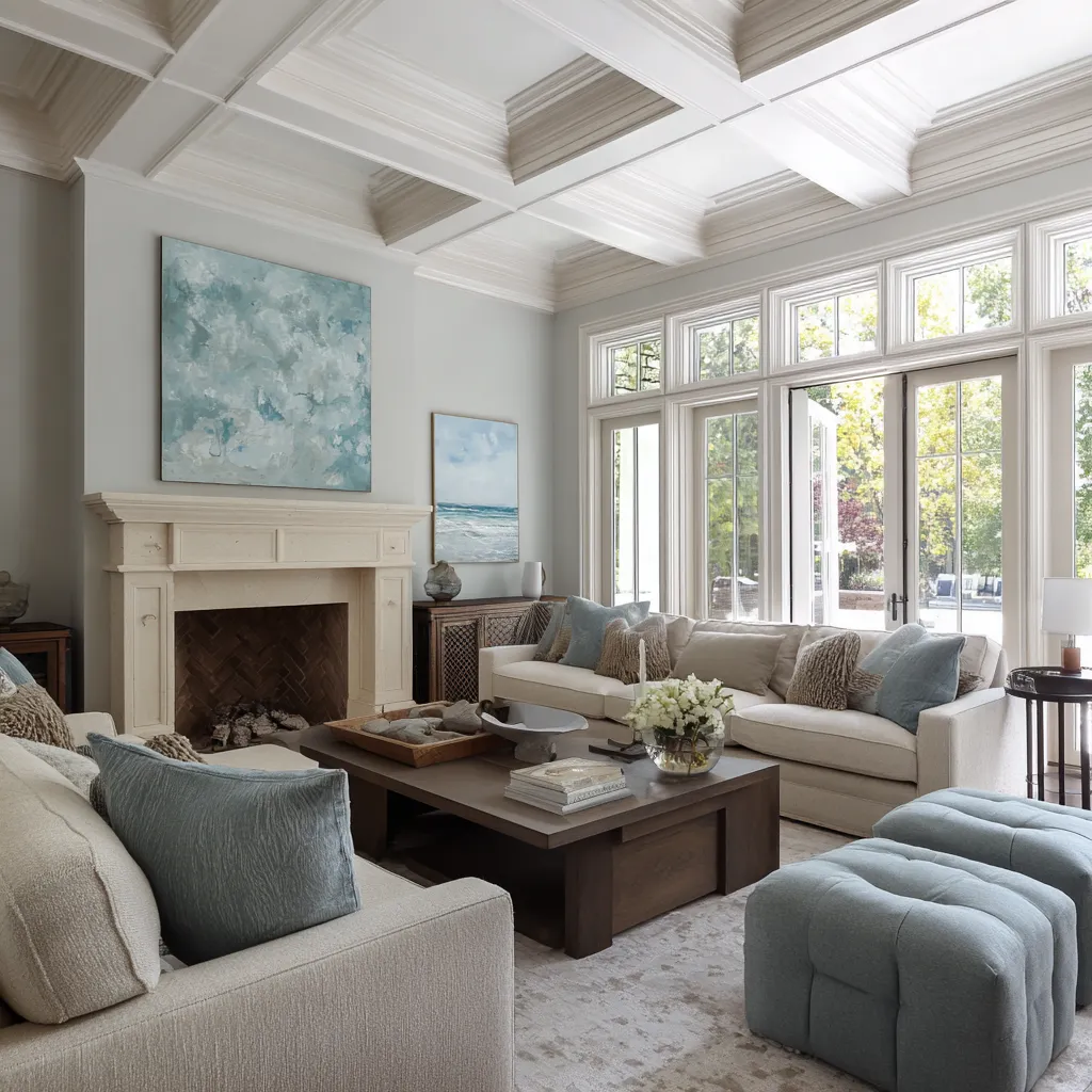 Cool-toned modern Hamptons living room with a coffered ceiling, classic fireplace, blue artwork and cushions Cool-toned modern Hamptons living room with a coffered ceiling, classic fireplace, blue artwork and cushions