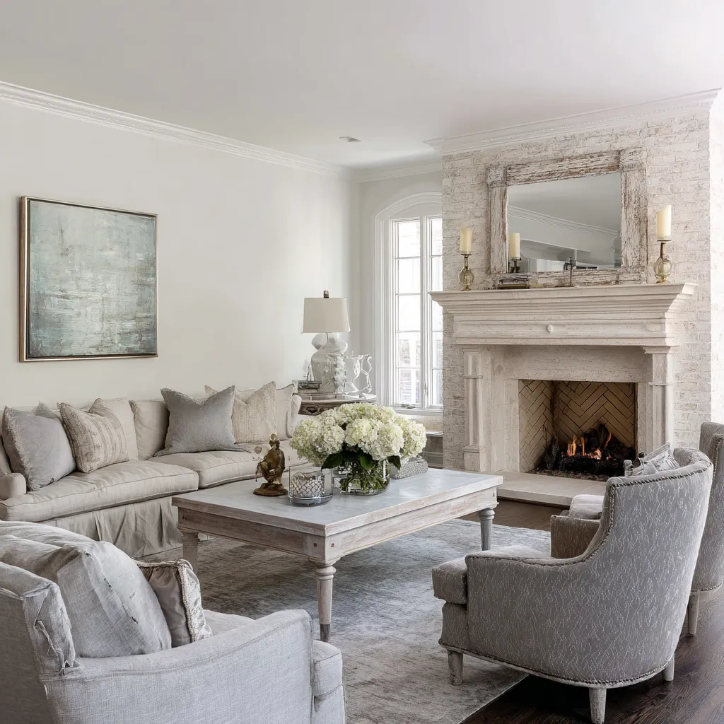 Cool-toned modern shabby chic living room with whitewashed brick fireplace, distressed mirror, pale skirted sofa Cool-toned modern shabby chic living room with whitewashed brick fireplace, distressed mirror, pale skirted sofa