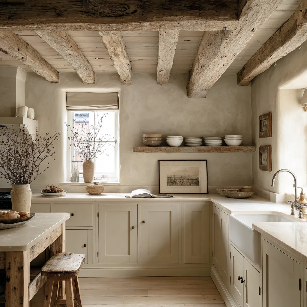 Country style kitchen ideas with heavy old ceiling beams over pale paneled cabinetry, a bright apron sink Country style kitchen ideas with heavy old ceiling beams over pale paneled cabinetry, a bright apron sink