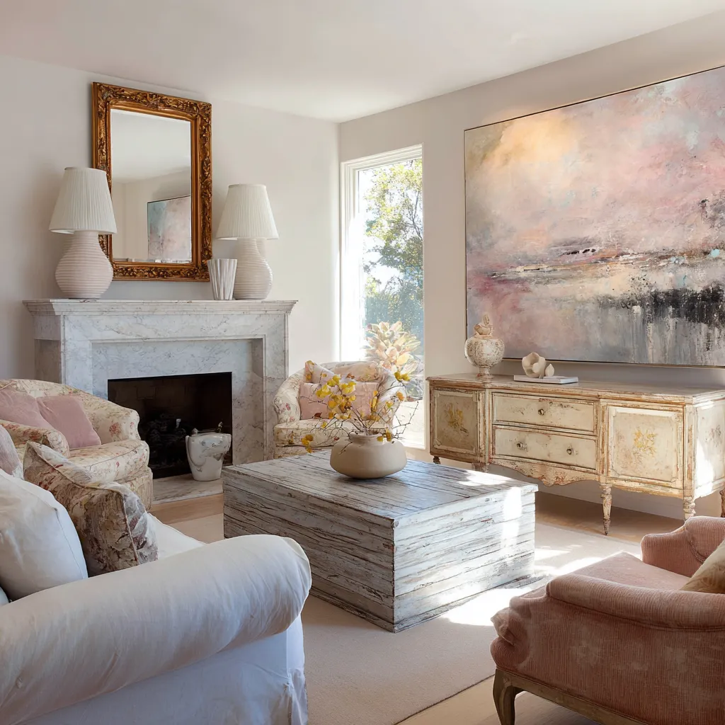 Cozy French-inspired modern shabby chic living room with distressed sideboard, pale floral armchairs Cozy French-inspired modern shabby chic living room with distressed sideboard, pale floral armchairs