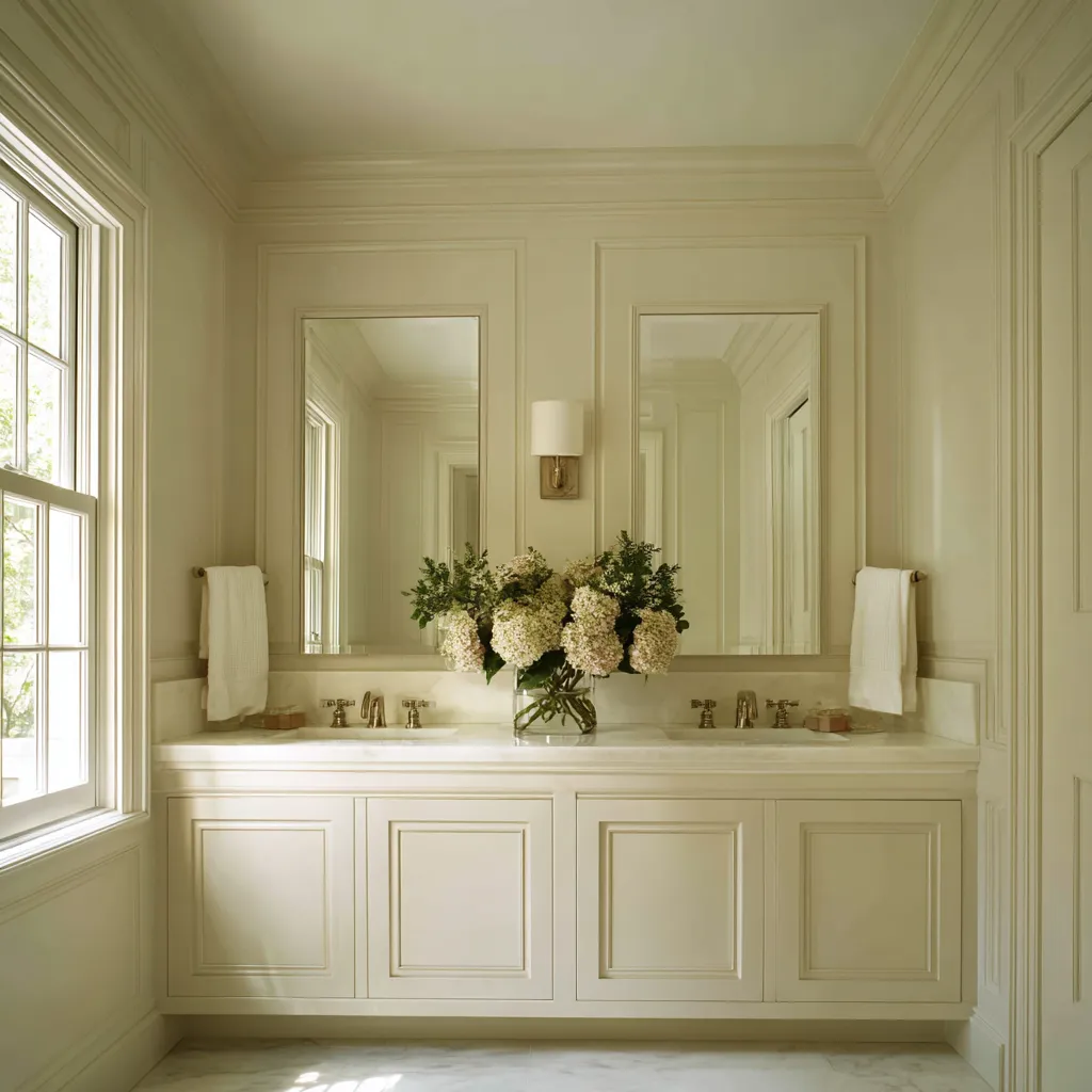 Cream-toned Colonial bathroom ideas with paneled walls, a double vanity, two tall rectangular mirrors, pale marble Cream-toned Colonial bathroom ideas with paneled walls, a double vanity, two tall rectangular mirrors, pale marble