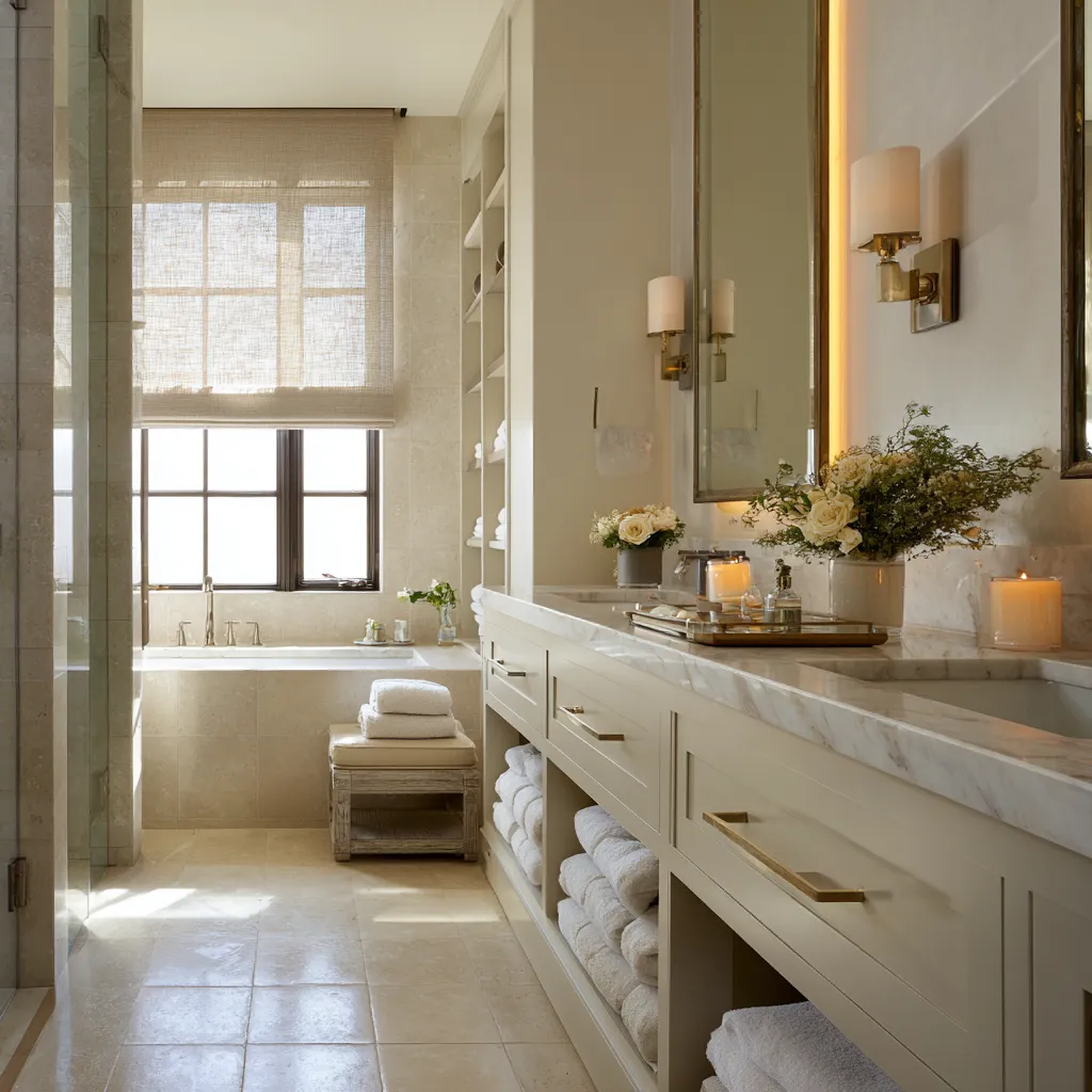 Cream-toned shabby chic bathroom with shaker-style vanity, open towel shelving, marble countertop, backlit mirrors Cream-toned shabby chic bathroom with shaker-style vanity, open towel shelving, marble countertop, backlit mirrors