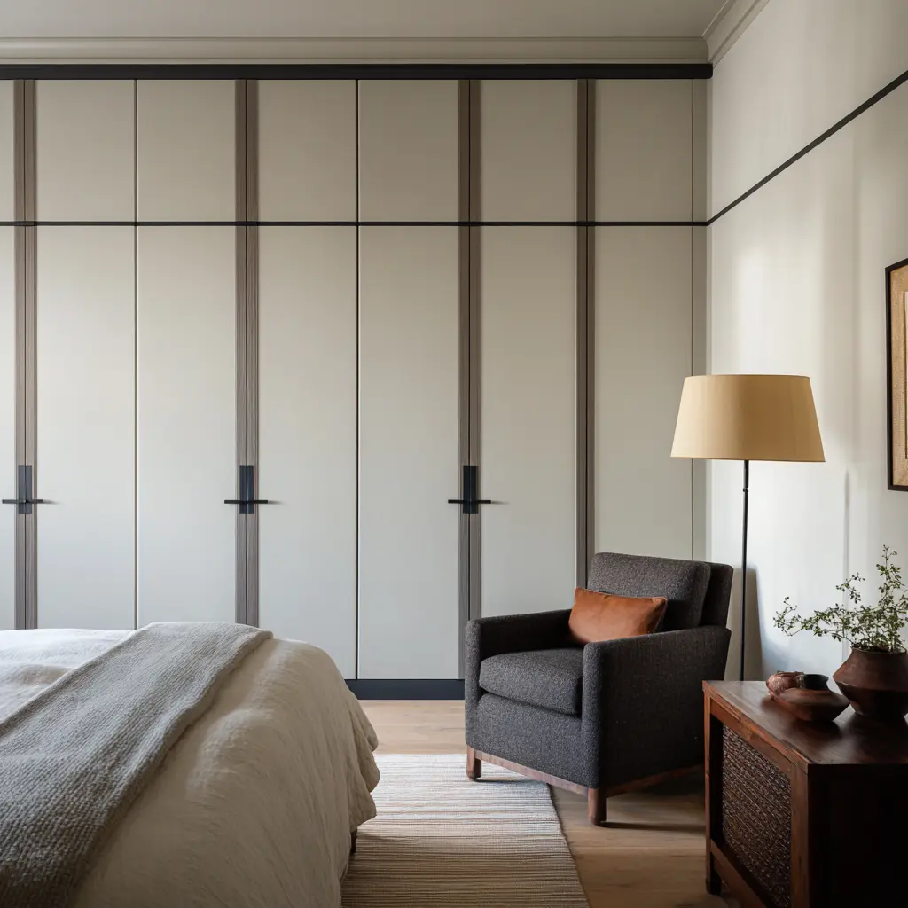 Cream wardrobe wall with warm wood vertical divisions and a black horizontal datum carried through the room