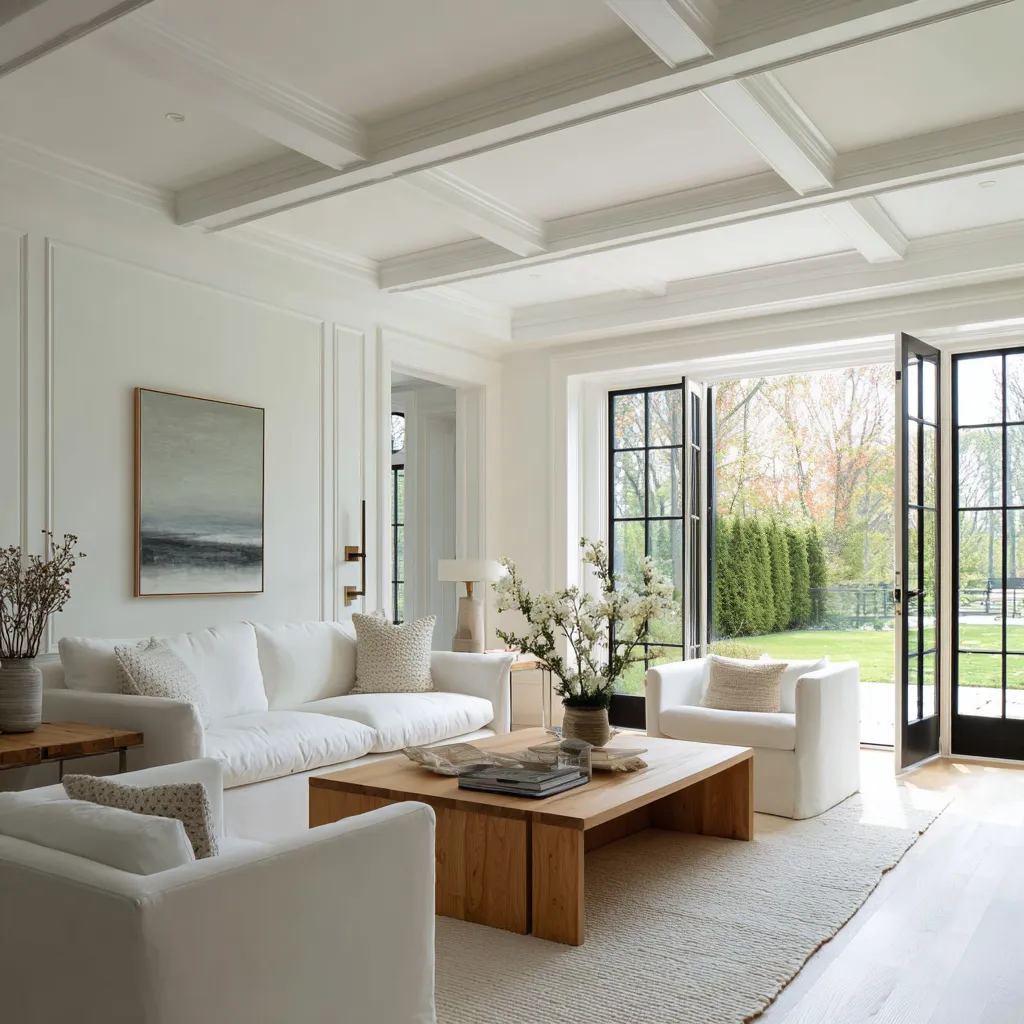 Crisp modern Hamptons living room with a tall paneled fireplace wall, soaring side windows, low blocky cream seating Crisp modern Hamptons living room with a tall paneled fireplace wall, soaring side windows, low blocky cream seating