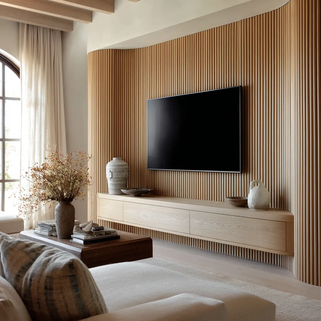 Curved fluted wood TV wall with floating wooden console, mounted television, and soft natural light from an arched window in a warm neutral living room