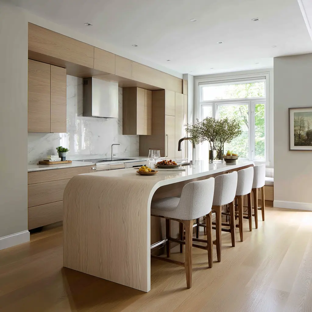 Curved pale wood kitchen island with a rounded waterfall end, white countertop, slim upholstered stools, and matching warm wood cabinetry Curved pale wood kitchen island with a rounded waterfall end, white countertop, slim upholstered stools, and matching warm wood cabinetry