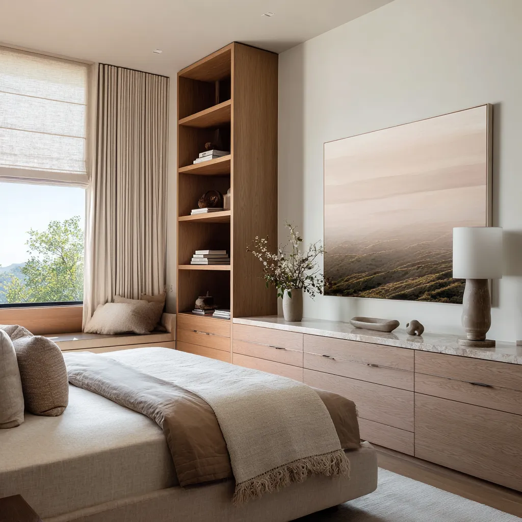 Custom California chic bedroom with a built-in wood storage wall, open shelving, stone-topped dresser Custom California chic bedroom with a built-in wood storage wall, open shelving, stone-topped dresser