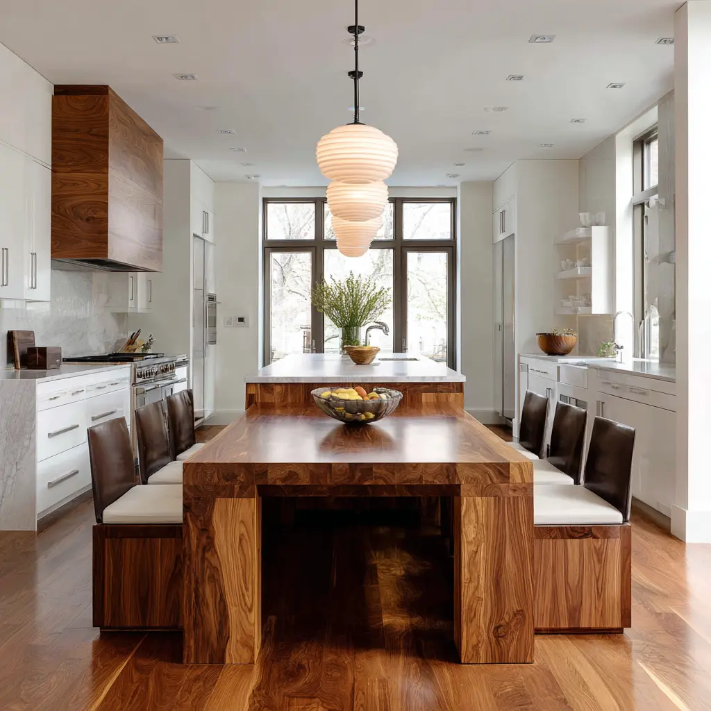 Custom kitchen island with built-in bench seating, tiered prep and dining surfaces, rich patterned wood, repeated globe pendants Custom kitchen island with built-in bench seating, tiered prep and dining surfaces, rich patterned wood, repeated globe pendants