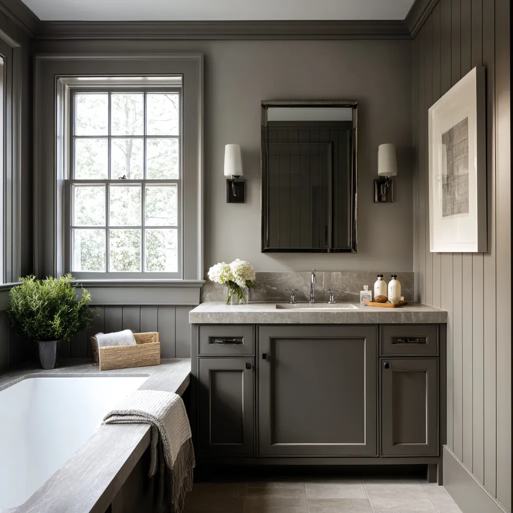 Dark Colonial bathroom with charcoal vertical paneling, a traditional paneled vanity, pale stone top, framed mirror Dark Colonial bathroom with charcoal vertical paneling, a traditional paneled vanity, pale stone top, framed mirror