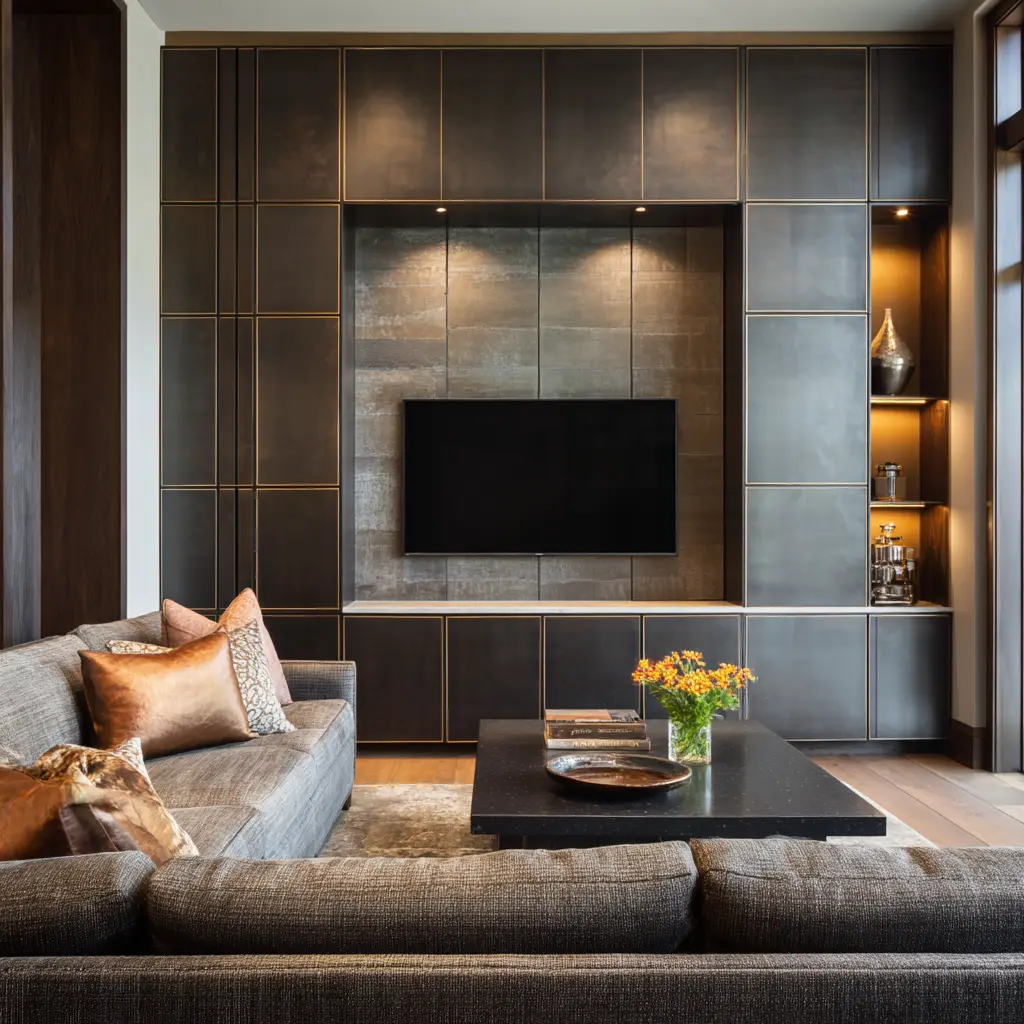 Dark paneled TV wall with bronze metallic trim grid, recessed television niche with soft lighting, and illuminated side display shelf Dark paneled TV wall with bronze metallic trim grid, recessed television niche with soft lighting, and illuminated side display shelf