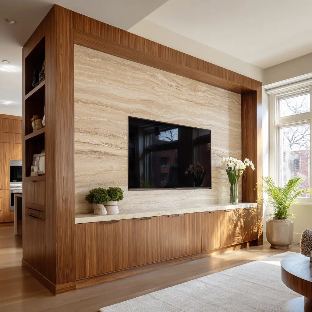 Dark wood framed built-in TV wall with light stone center panel, deep recessed television niche, side shelving, and sleek wood cabinetry below Dark wood framed built-in TV wall with light stone center panel, deep recessed television niche, side shelving, and sleek wood cabinetry below