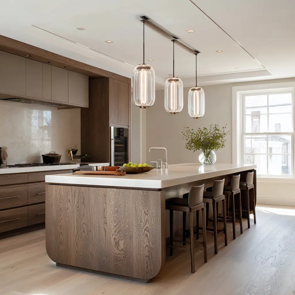 Dark wood furniture style kitchen island with a broad rounded end, thick white top, slim dark stools, three glass pendants Dark wood furniture style kitchen island with a broad rounded end, thick white top, slim dark stools, three glass pendants