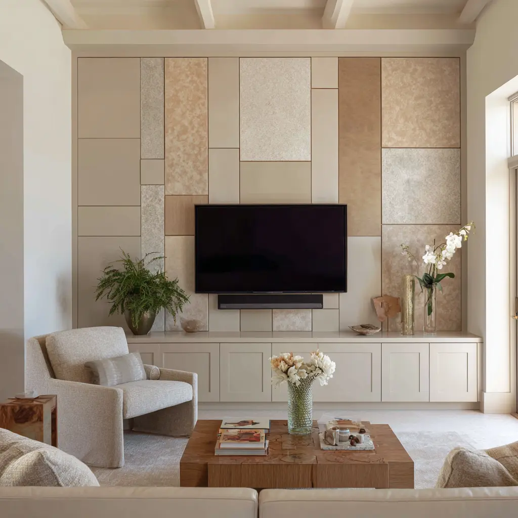 Decorative panel TV wall with geometric patchwork of beige and metallic textured rectangles, mounted television, and neutral cabinetry below Decorative panel TV wall with geometric patchwork of beige and metallic textured rectangles, mounted television, and neutral cabinetry below