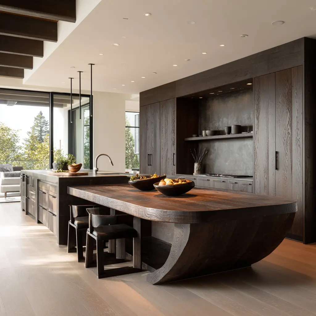 Deep stained wood kitchen with a dramatic curved-end island that reads like a social table, paired with a second rear work island Deep stained wood kitchen with a dramatic curved-end island that reads like a social table, paired with a second rear work island