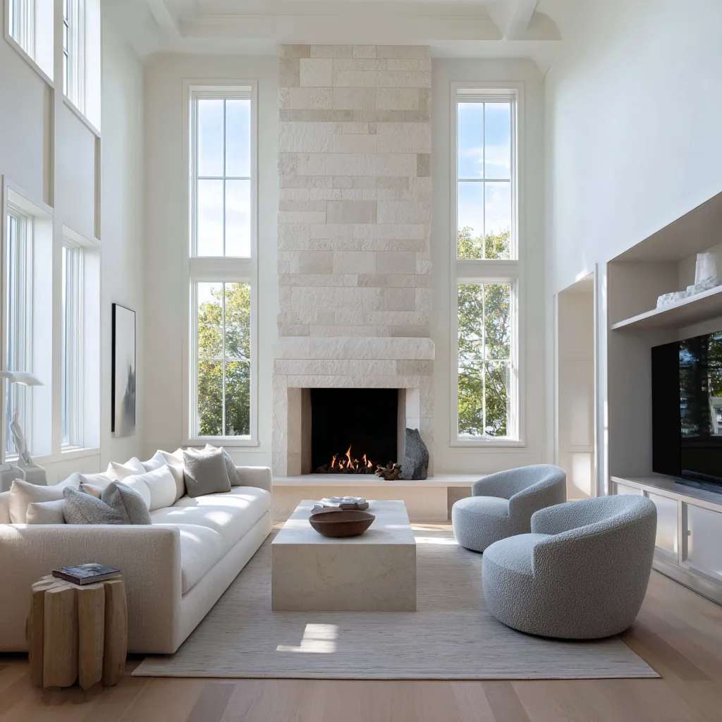 Double-height modern Hamptons living room with a towering pale stone fireplace wall, tall flanking windows, a long low sofa Double-height modern Hamptons living room with a towering pale stone fireplace wall, tall flanking windows, a long low sofa