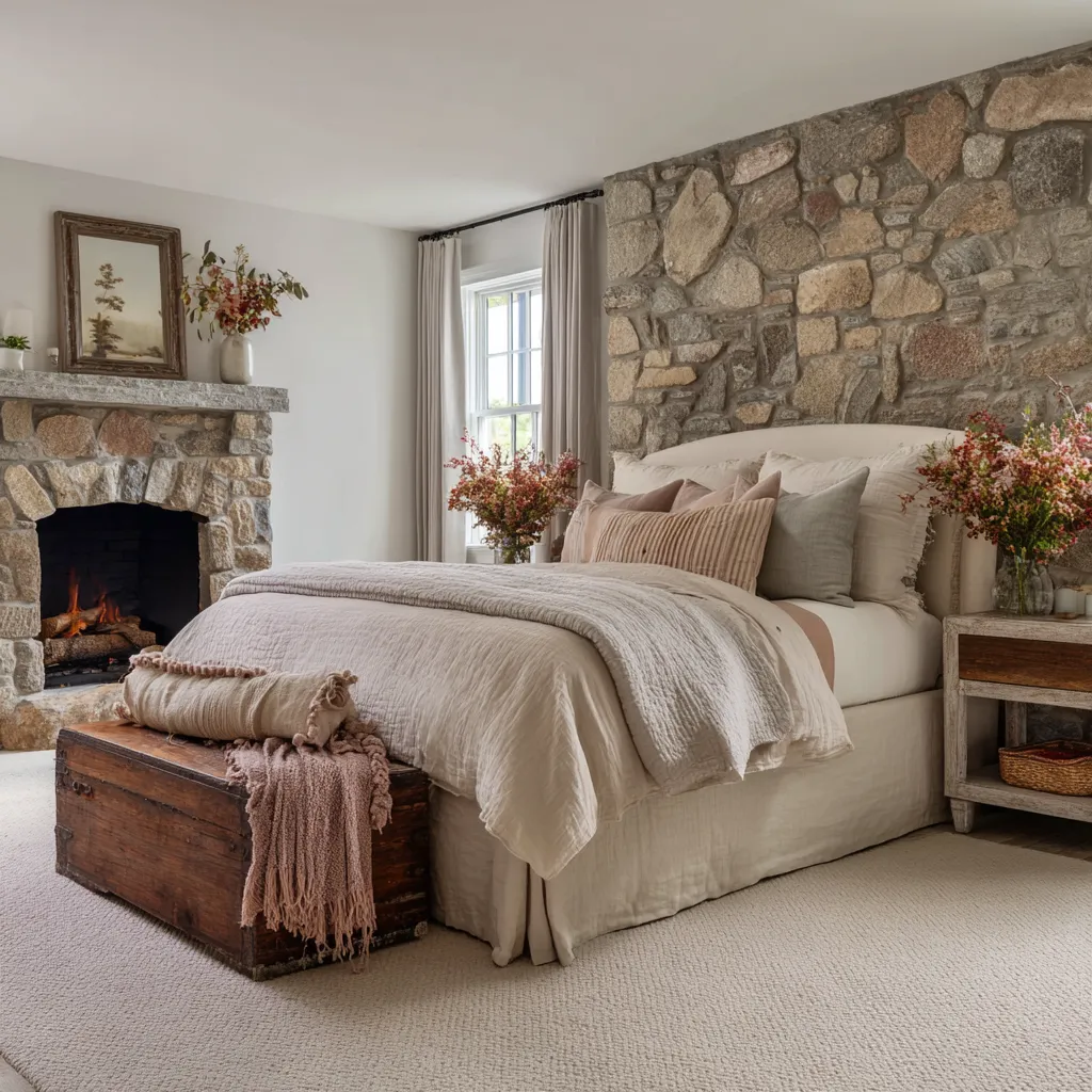 Earthy modern shabby chic bedroom with a full stone wall, stone fireplace, pale upholstered headboard Earthy modern shabby chic bedroom with a full stone wall, stone fireplace, pale upholstered headboard