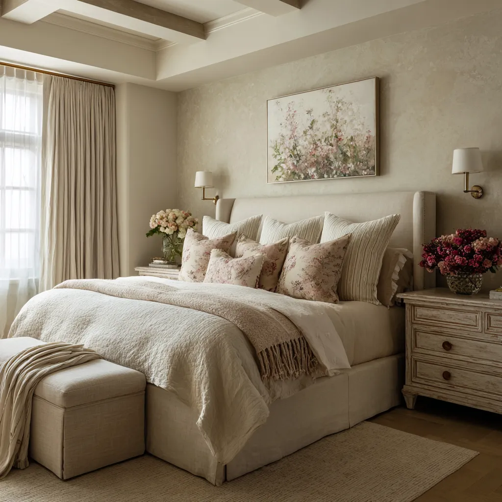 Earthy modern shabby chic bedroom with exposed ceiling beams, a winged upholstered headboard, plaster-like wall finish Earthy modern shabby chic bedroom with exposed ceiling beams, a winged upholstered headboard, plaster-like wall finish