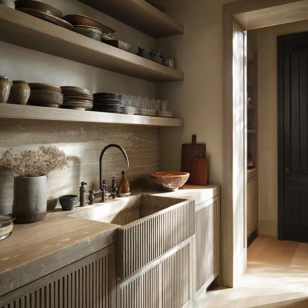 Earthy tactile scullery with thick dark shelves, stone-like counter, integrated sink, ribbed lower cabinets, aged dark fittings Earthy tactile scullery with thick dark shelves, stone-like counter, integrated sink, ribbed lower cabinets, aged dark fittings