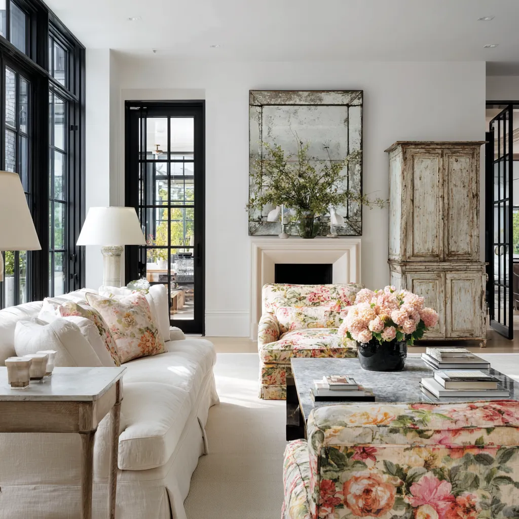 Elegant grand modern shabby chic living room with skirted white sofa, floral chair and ottoman, distressed armoire Elegant grand modern shabby chic living room with skirted white sofa, floral chair and ottoman, distressed armoire