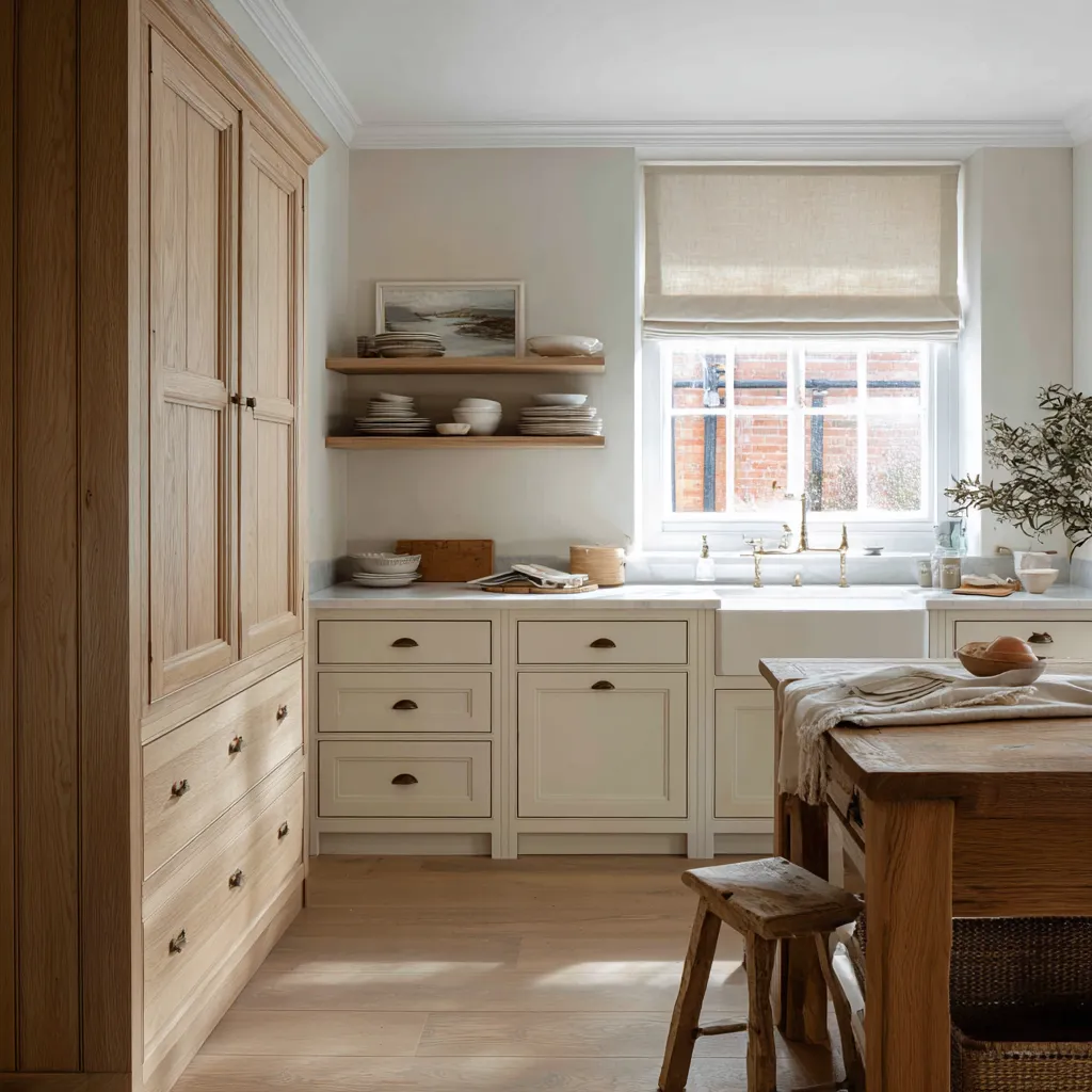English-influenced shabby chic kitchen ideas with pale base cabinets, open wood shelves, a brass bridge faucet English-influenced shabby chic kitchen ideas with pale base cabinets, open wood shelves, a brass bridge faucet