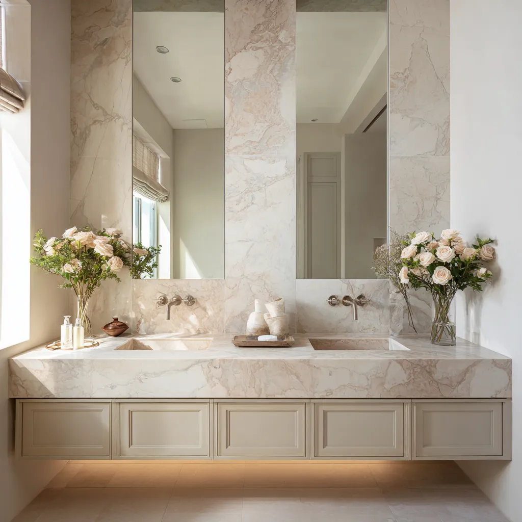Extra minimal modern shabby chic bathroom with floating vanity, integrated stone sinks, wall-mounted faucets Extra minimal modern shabby chic bathroom with floating vanity, integrated stone sinks, wall-mounted faucets