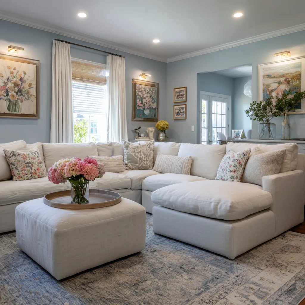 Family-friendly modern shabby chic living room with large white sectional, oversized ottoman, floral pillows Family-friendly modern shabby chic living room with large white sectional, oversized ottoman, floral pillows