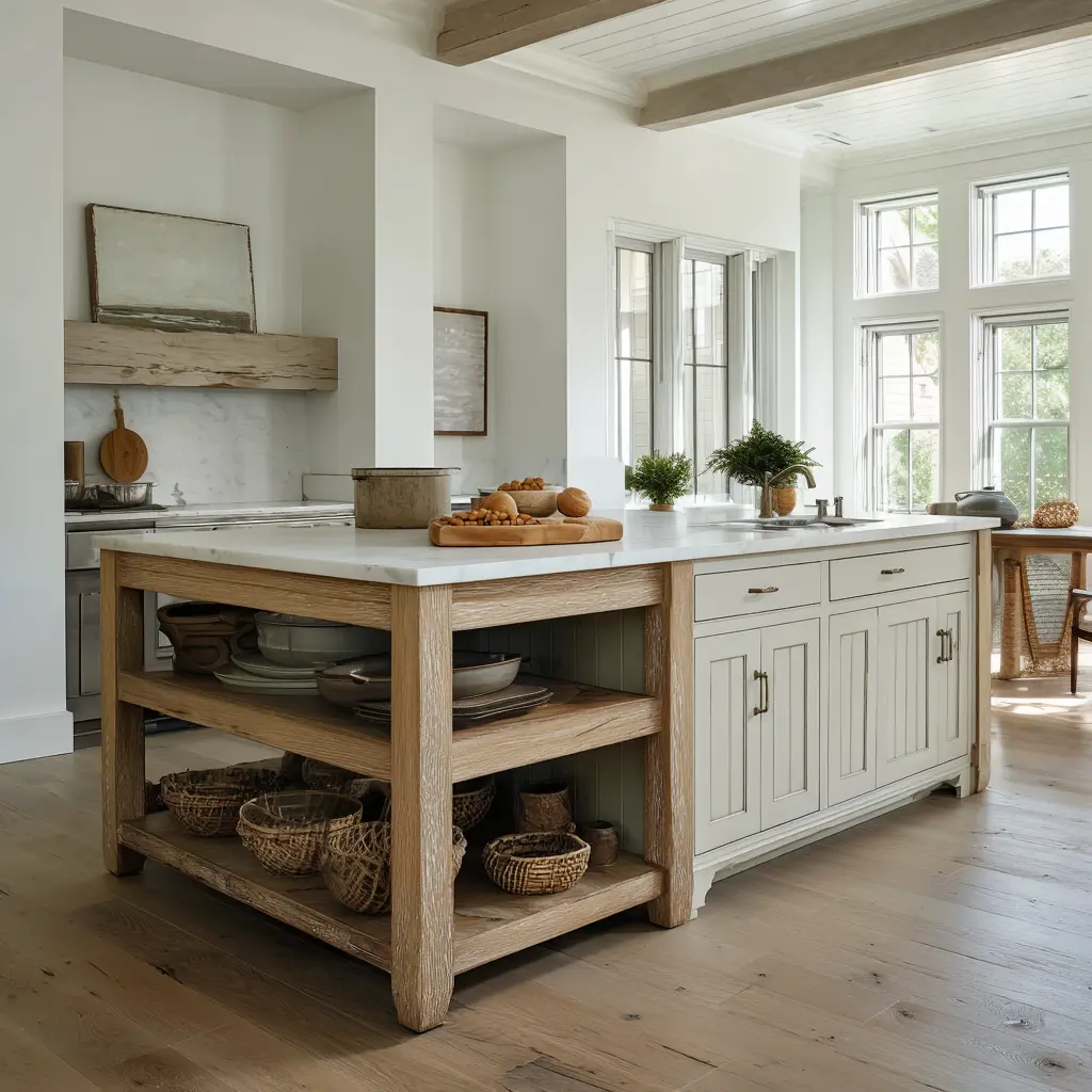 Farmhouse-style kitchen island with visible corner legs, open shelving, paneled storage, woven baskets, thick pale top, and a bright white kitchen backdrop Farmhouse-style kitchen island with visible corner legs, open shelving, paneled storage, woven baskets, thick pale top, and a bright white kitchen backdrop