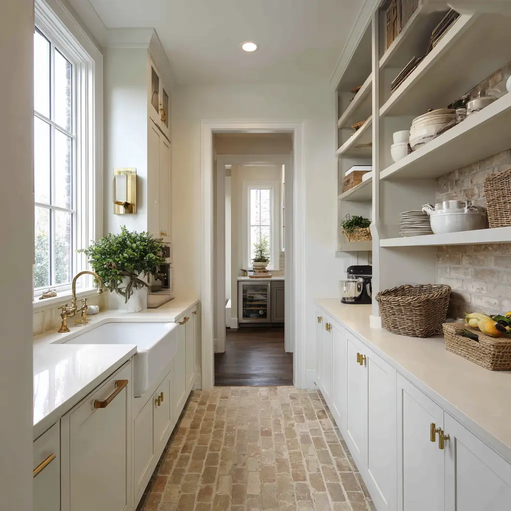 Farmhouse-style scullery with pale cabinets, brick floor, apron-front sink under window, brass fittings, open shelves, baskets Farmhouse-style scullery with pale cabinets, brick floor, apron-front sink under window, brass fittings, open shelves, baskets