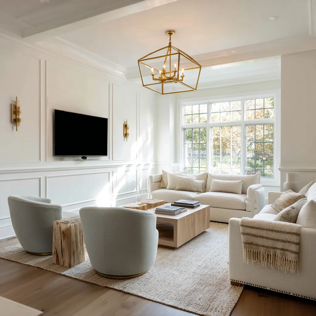 Fireplace-free modern Hamptons family room with wall panel molding, a large gridded window, pale sofas Fireplace-free modern Hamptons family room with wall panel molding, a large gridded window, pale sofas