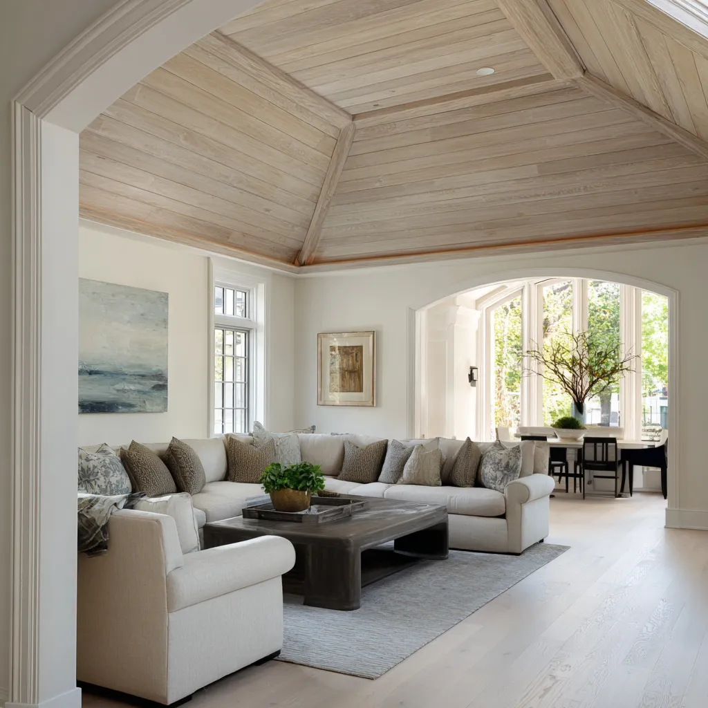 Formal-cool modern Hamptons living room with a white coffered ceiling, symmetrical garden-facing glazing Formal-cool modern Hamptons living room with a white coffered ceiling, symmetrical garden-facing glazing