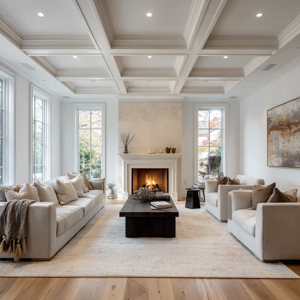 Formal modern Hamptons living room with a deep coffered ceiling, centered pale stone fireplace, low cream sofas Formal modern Hamptons living room with a deep coffered ceiling, centered pale stone fireplace, low cream sofas