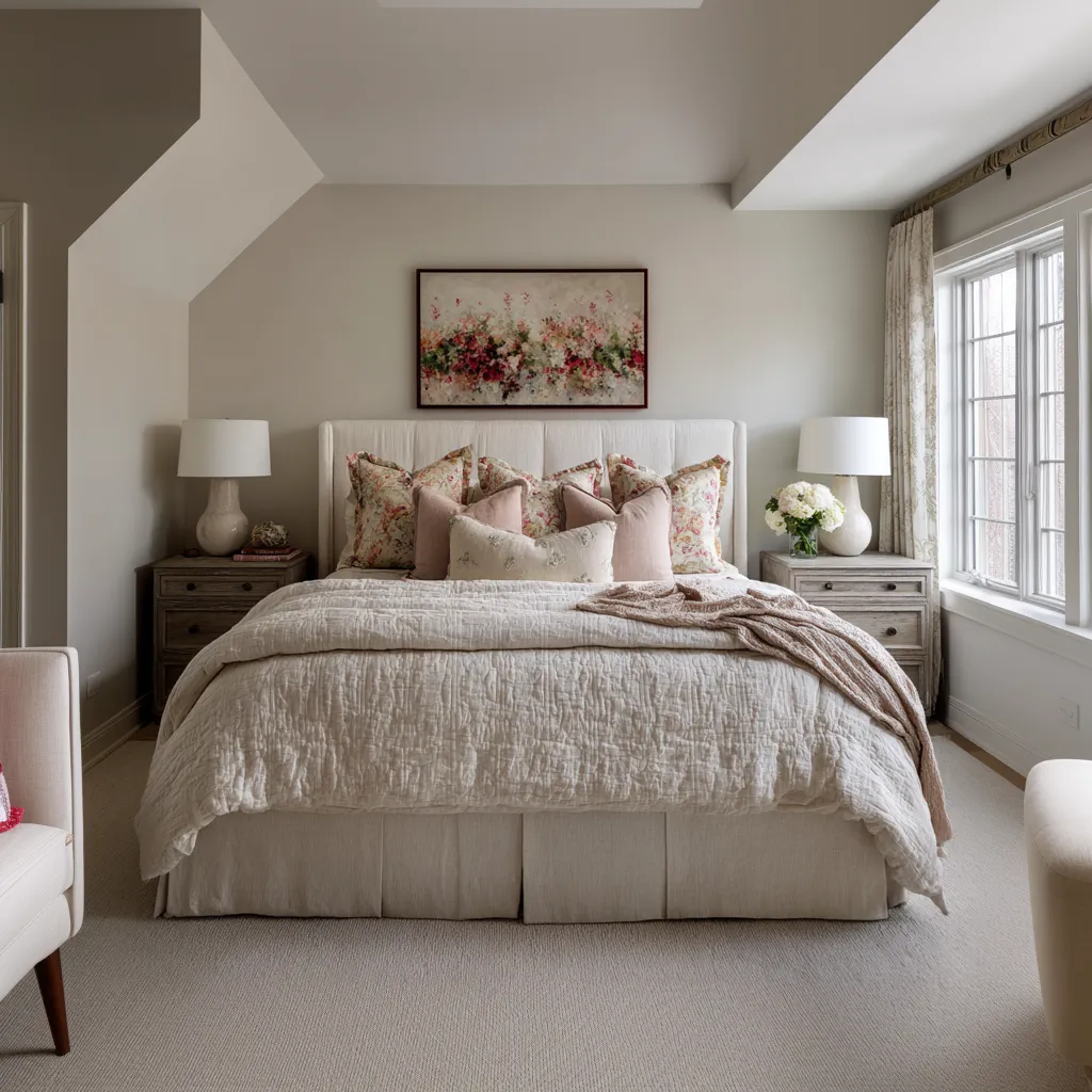 Formal modern shabby chic bedroom with crisp wall moldings, a pale arched headboard, abundant floral pillows Formal modern shabby chic bedroom with crisp wall moldings, a pale arched headboard, abundant floral pillows