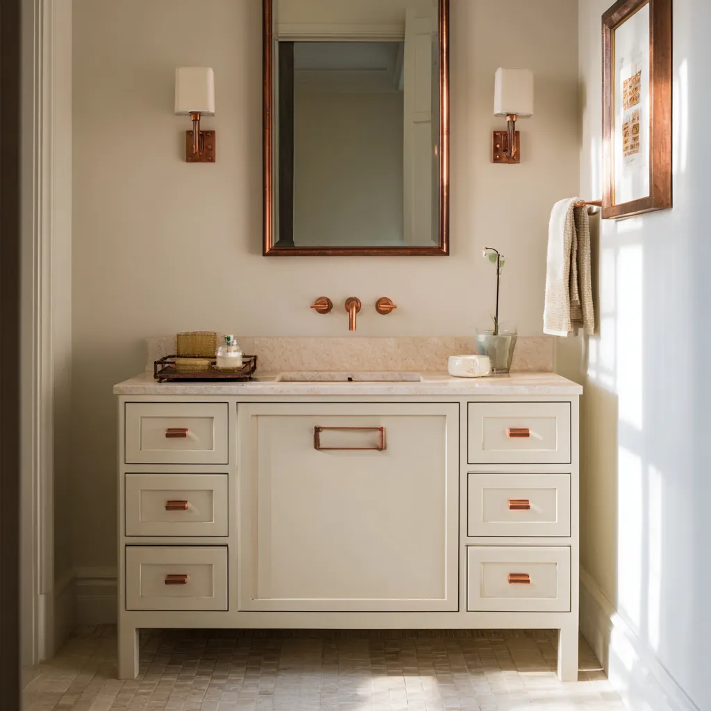 Free-standing vanity alcove with a centered paneled cabinet, tall warm-framed mirror, copper-toned hardware, pale stone counter Free-standing vanity alcove with a centered paneled cabinet, tall warm-framed mirror, copper-toned hardware, pale stone counter