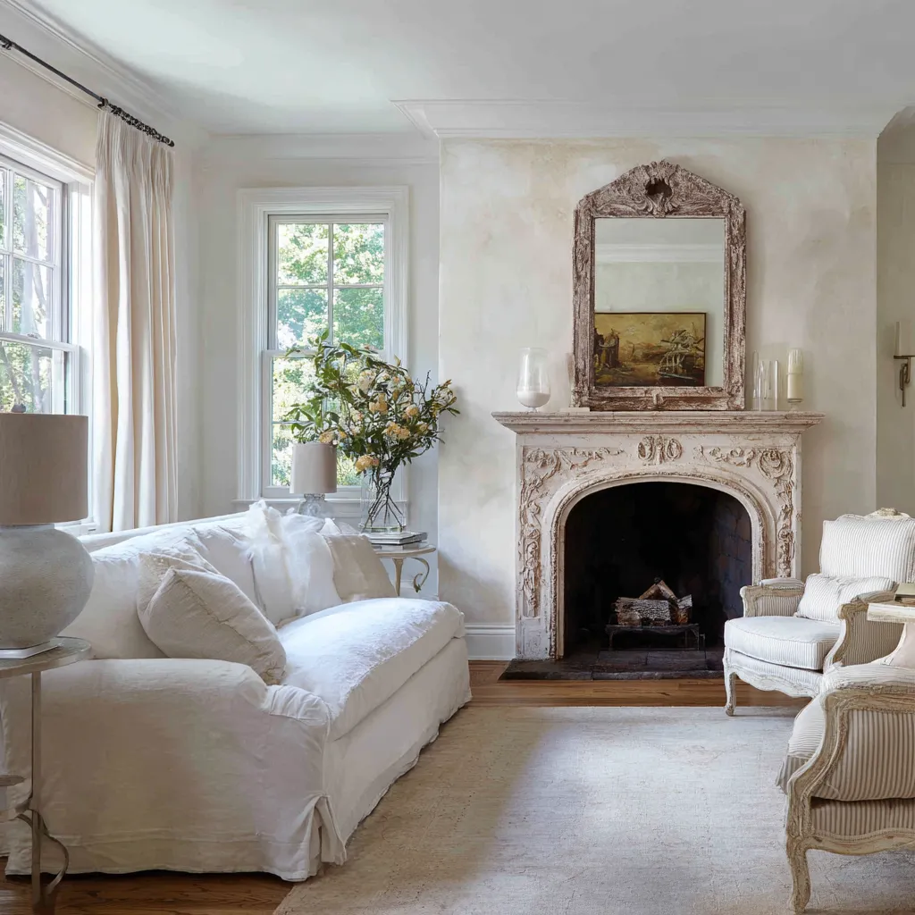French-inspired modern shabby chic living room with carved antique-style fireplace, distressed mirror French-inspired modern shabby chic living room with carved antique-style fireplace, distressed mirror