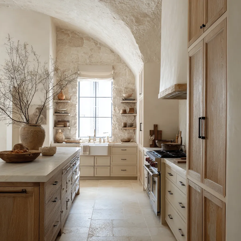 French-rustic galley kitchen beneath a barrel-vaulted stone ceiling, with a long oak island, tall oak pantry wall French-rustic galley kitchen beneath a barrel-vaulted stone ceiling, with a long oak island, tall oak pantry wall