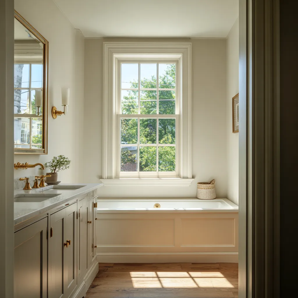 Fresh Colonial bathroom centered on a large window above a built-in tub, with muted green-gray vanity cabinetry, warm brass fixtures Fresh Colonial bathroom centered on a large window above a built-in tub, with muted green-gray vanity cabinetry, warm brass fixtures