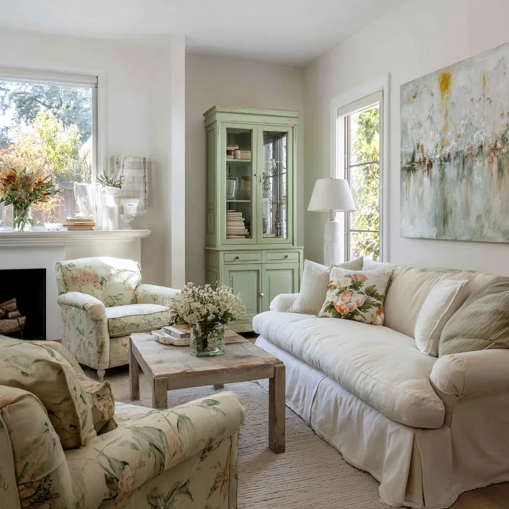 Fresh modern shabby chic living room with pale green painted cabinet, floral armchairs, white slipcovered sofa Fresh modern shabby chic living room with pale green painted cabinet, floral armchairs, white slipcovered sofa