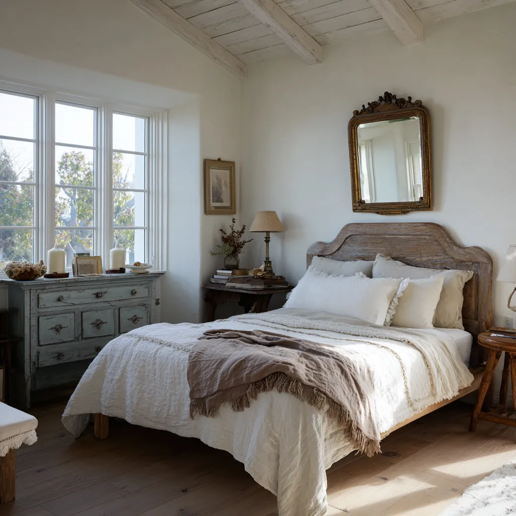 Fresh rustic modern shabby chic bedroom with whitewashed ceiling beams, chalky white walls, a weathered wood bed Fresh rustic modern shabby chic bedroom with whitewashed ceiling beams, chalky white walls, a weathered wood bed